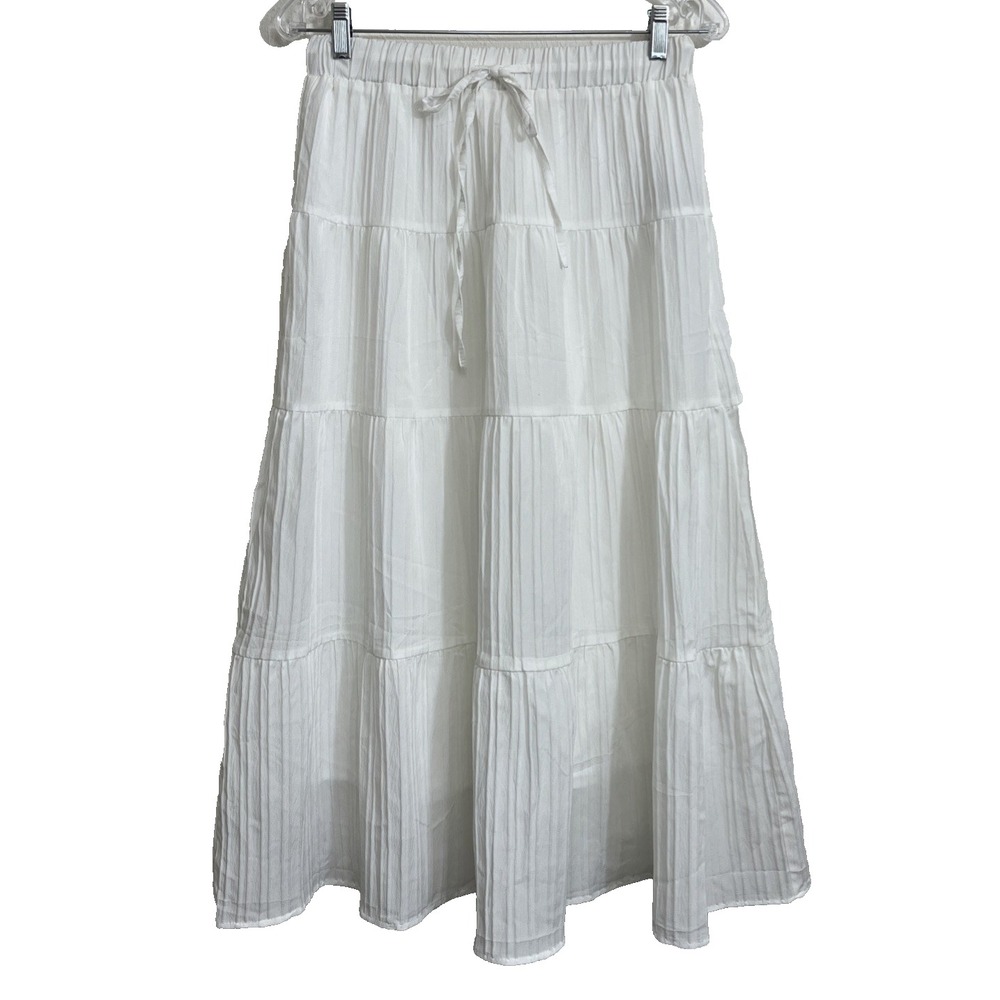 Derax Women's Tiered Maxi Skirt Size M White Tie Waist Lined Boho Flowy